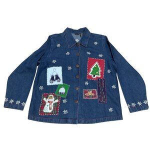 NorthCrest Christmas Denim Jacket Size L Embroidered Snowflake Applique Design